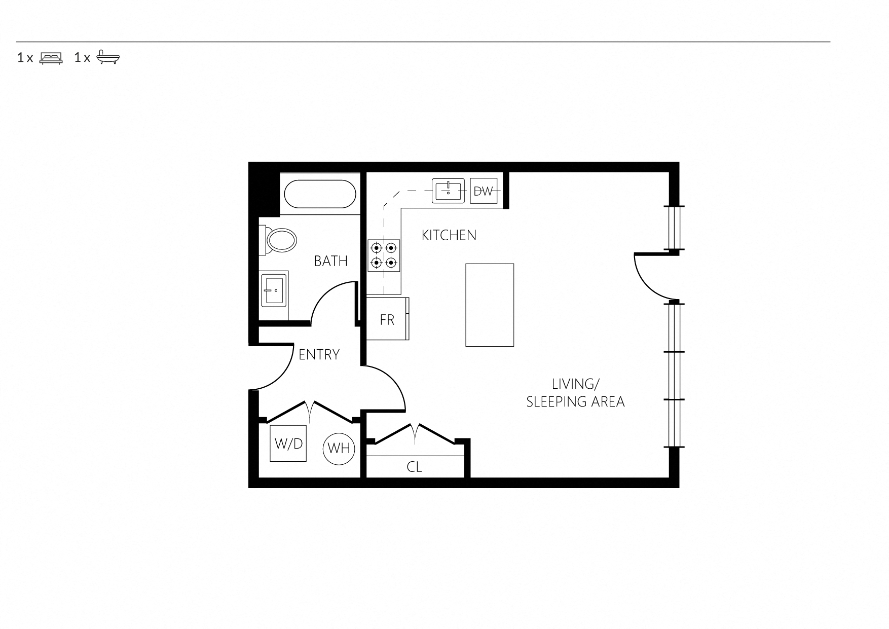 Floor plan for studio, 1 bath, 554 sqft